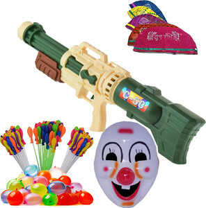Brown Leaf (1 Pichkari+3 Magic Balloon+10 Holi Cap+ 1 Joker Mask +1 Malinga Wig)Combo Pack Water Gun (Multicolor)